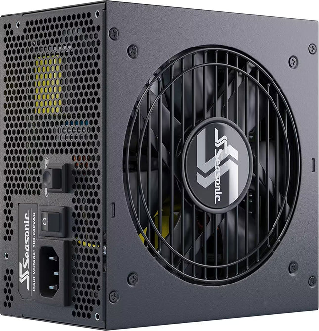 Seasonic FOCUS GX-650 Rear View – Rear angled view of the Seasonic FOCUS GX-650 650W 80+ Gold power supply featuring the large cooling fan, honeycomb ventilation grille, AC power input, power switch, and rear exhaust design.