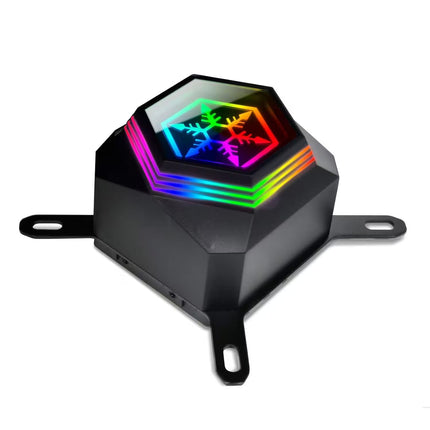 A black hexagonal LED light fixture with a glowing multicolor rainbow RGB light pattern on top, featuring mounting brackets on each side, shown against a plain white background.