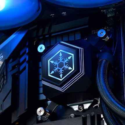 Computer hardware component with snowflake design on a dark background