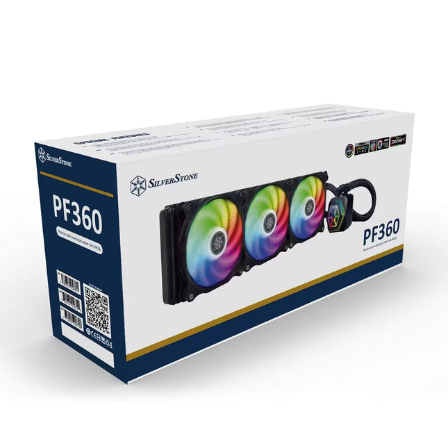 Silverstone PF360 liquid CPU cooler retail packaging box, featuring a white and navy blue design with an illustration of a three-fan RGB水冷 radiator.