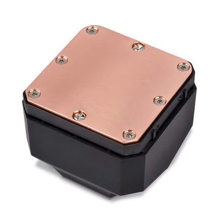 A black and copper-colored electronic cooling heatsink or GPU cooler component, shown from a high-angle perspective on a clean white background.