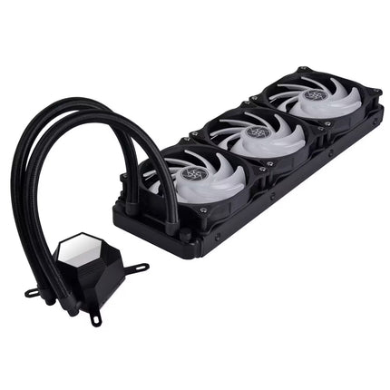 Computer cooling system with four fans on a white background