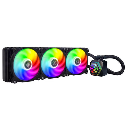 Computer cooling system with three RGB fans on a white background