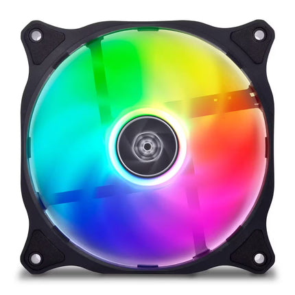 A square computer CPU cooling fan with a black frame and a vibrant RGB LED lighted face displaying a full spectrum of colors including green, blue, purple, pink, and red, isolated on a white background.