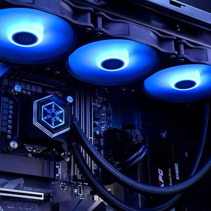 Close-up of a computer motherboard with blue LED lights