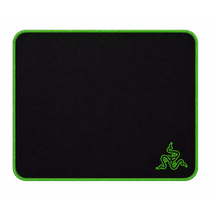 A black gaming mouse pad with a bright green stitched border and a green Razer logo in the bottom right corner, shown on a plain white background.