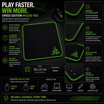 A promotional infographic for a Razer Speed Edition mouse pad, showing the mouse pad with a green Razer logo, surrounded by feature callouts and text on a black background.