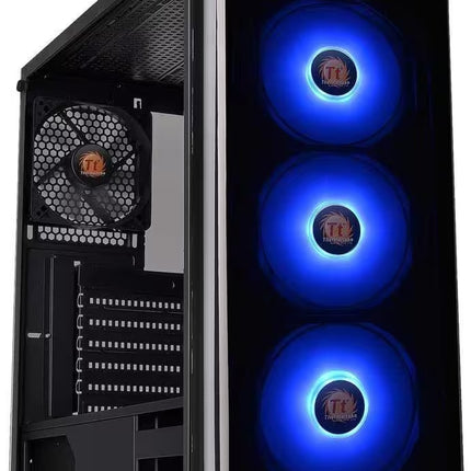 A black mid-tower computer case with a glass side panel, featuring three vertically aligned fans with bright blue LED lighting and a visible power supply intake fan inside. The front of the case has a glossy black finish, and the fans show a circular logo with 'TZ' in the center.