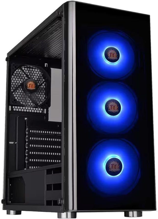 A black mid-tower computer case with a glass side panel, featuring three vertically aligned fans with bright blue LED lighting and a visible power supply intake fan inside. The front of the case has a glossy black finish, and the fans show a circular logo with 'TZ' in the center.