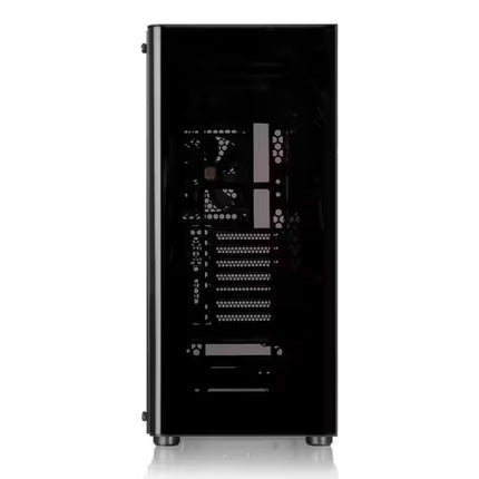 A black mid-tower PC case with a clear tempered glass side panel, showing the internal layout and mounting slots, set against a plain white background.