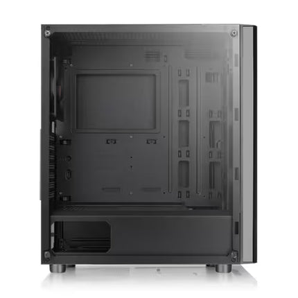 Black computer case with clear side panel on a white background