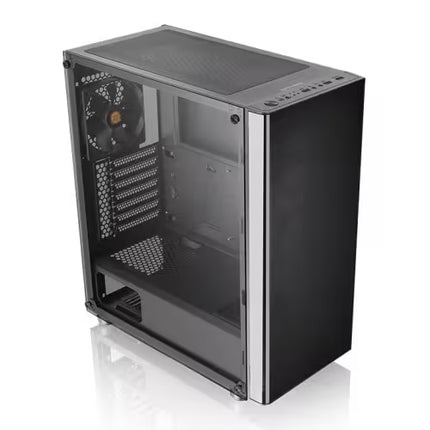 A black computer case with a clear side glass panel, showing the interior mounting slots and a fan, photographed on a clean white background with a soft reflection.