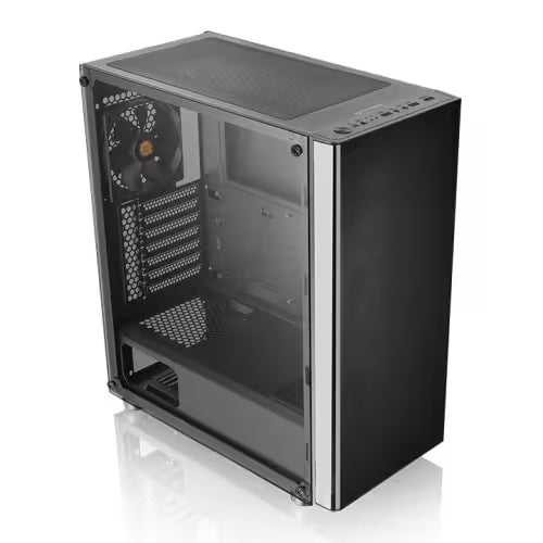 A black computer case with a clear side glass panel, showing the interior mounting slots and a fan, photographed on a clean white background with a soft reflection.