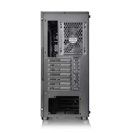 A dark gray computer case shown from the rear, featuring a side panel with a honeycomb-patterned mesh insert, multiple drive bays, and a top-mounted fan, set against a plain white background.