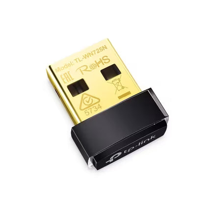 A TP-Link TL-WN725N USB wireless network adapter with a gold metal connector and a black sliding cap, shown on a plain white background.