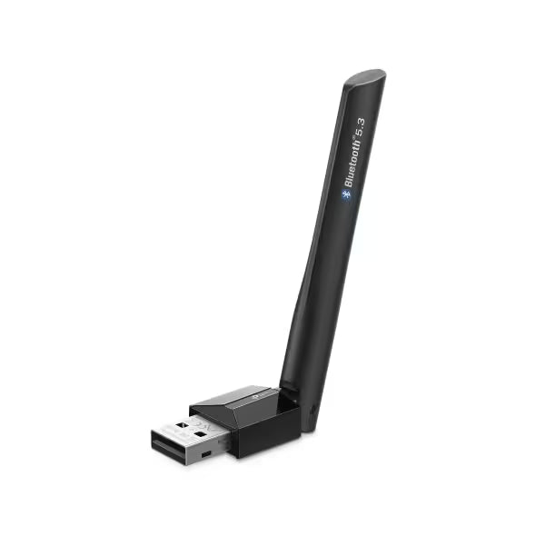 Black USB Bluetooth adapter on a white background
