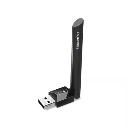 Black USB Bluetooth adapter with antenna on a white background