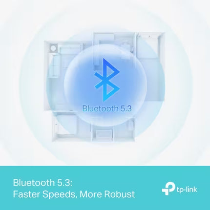 Promotional graphic for Bluetooth 5.3 featuring a blue Bluetooth symbol over a faint top-down room outline, with the text 'Bluetooth 5.