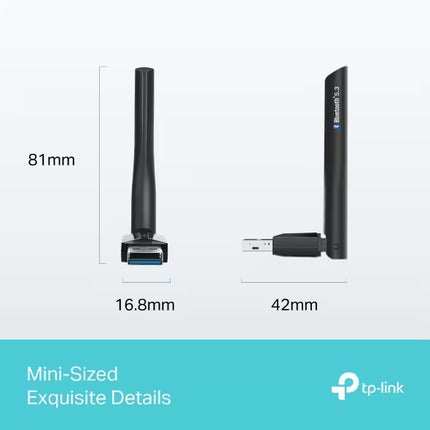 Mini-sized USB adapter with antennas and dimensions labeled, featuring TP-Link logo.