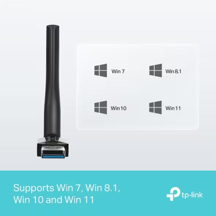 USB adapter with Windows operating system compatibility icons on a white background, featuring TP-Link logo.