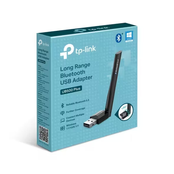 TP-Link UB500 Plus Long Range Bluetooth USB Adapter retail packaging box, shown at a three-quarter angle on a white background.