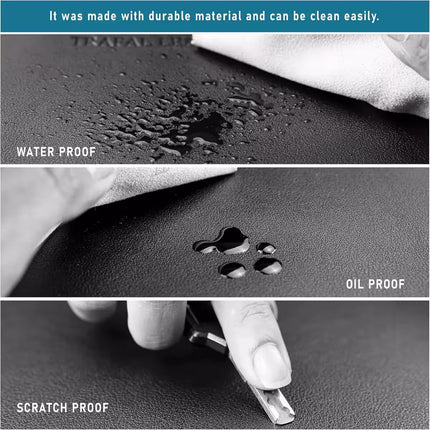 Three-panel demonstration showing a black textured surface labeled WATER PROOF, OIL PROOF, and SCRATCH PROOF, with water droplets, oil droplets, and a fingernail being pushed aside. A blue header at the top reads, 'It was made with durable material and can be cleaned easily.