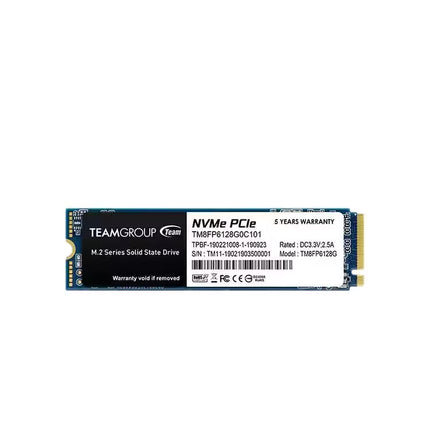 A top-down studio shot of a TeamGroup M.2 NVMe PCIe Solid State Drive (SSD) with a blue PCB and a black product identification sticker detailing specs and model numbers against a plain white background.