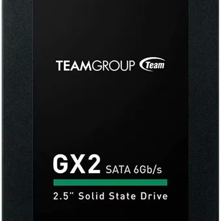 Front view of the TeamGroup GX2 128GB 2.5-inch SATA III internal SSD, featuring a black casing with a centered TeamGroup logo and GX2 branding. The front label displays SATA 6Gb/s compatibility and is shown against a white background