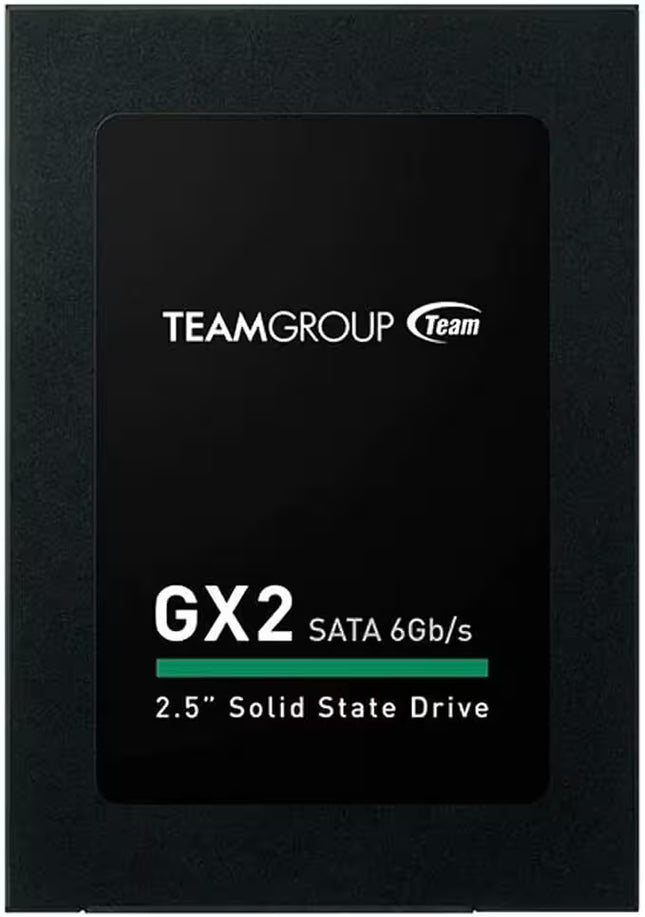 Front view of the TeamGroup GX2 128GB 2.5-inch SATA III internal SSD, featuring a black casing with a centered TeamGroup logo and GX2 branding. The front label displays SATA 6Gb/s compatibility and is shown against a white background