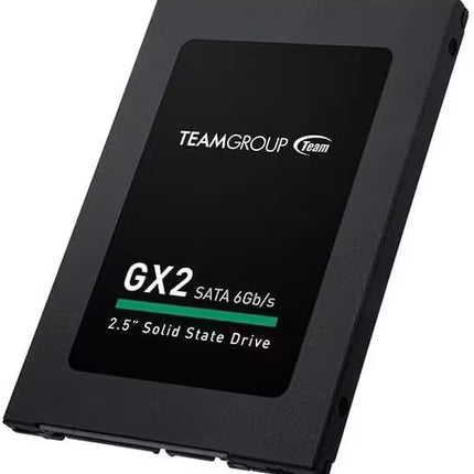 Angled front view of the TeamGroup GX2 128GB 2.5-inch SATA III internal SSD, highlighting its slim black enclosure, GX2 branding, TeamGroup logo, and SATA 6Gb/s label on a clean white background