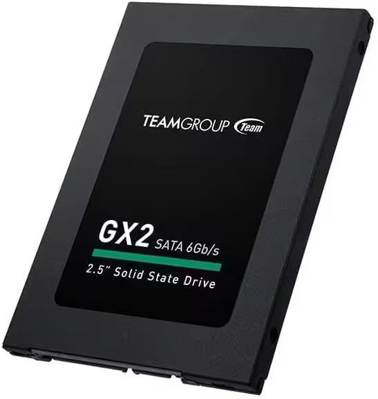 Angled front view of the TeamGroup GX2 128GB 2.5-inch SATA III internal SSD, highlighting its slim black enclosure, GX2 branding, TeamGroup logo, and SATA 6Gb/s label on a clean white background