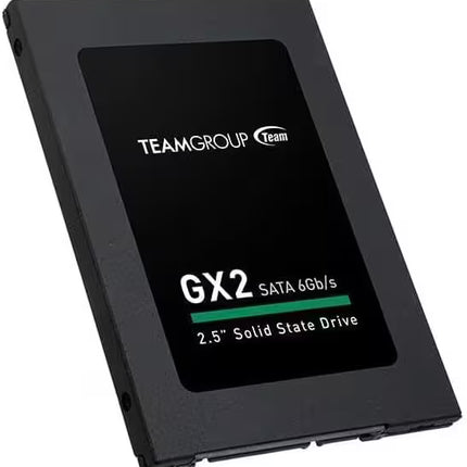 Three-quarter front view of the TeamGroup GX2 128GB 2.5-inch SATA III internal SSD, showcasing the black casing with TeamGroup GX2 branding, SATA 6Gb/s support, and compact 2.5-inch design on a white background.