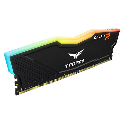 Rear angled view of the TeamGroup T-Force Delta RGB DDR4 RAM module with a black heat spreader, multicolor RGB light strip, and gold edge connector on a white background.