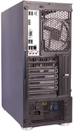 A black computer tower case with a honeycomb-patterned front ventilation grille, multiple drive bays, and a rear I/O panel, shown on a plain white background.