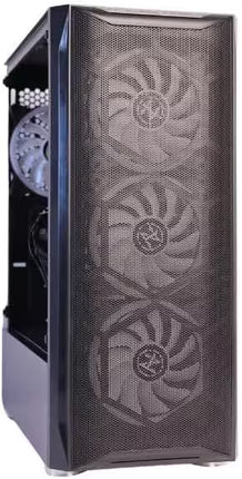 A black computer case with a front three-fan mesh grille and a clear side panel showing internal cooling fans.