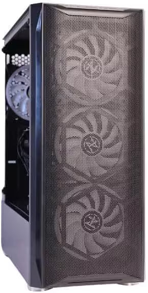 A black computer case with a front three-fan mesh grille and a clear side panel showing internal cooling fans.