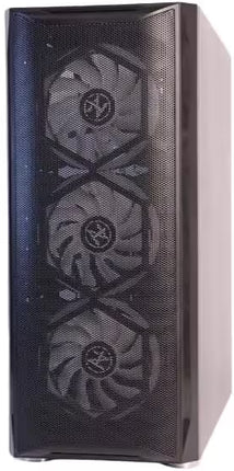 A black computer tower case with a front mesh grille featuring three cooling fans, shown against a plain white background.
