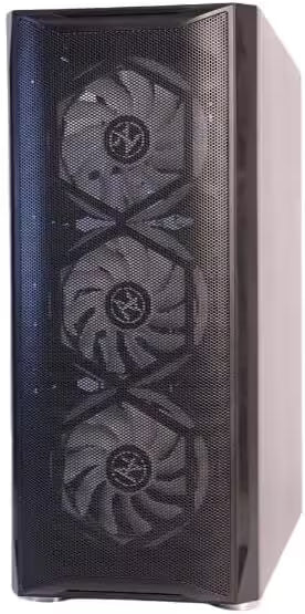 A black computer tower case with a front mesh grille featuring three cooling fans, shown against a plain white background.