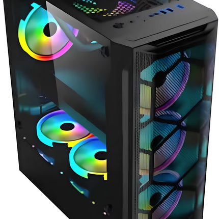 A black computer case with a transparent side panel, showcasing internal RGB LED fans that glow with multicolor rainbow lighting, set against a plain white background.