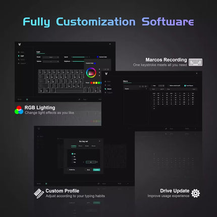 Customization software interface with keyboard and RGB lighting options on a dark background.