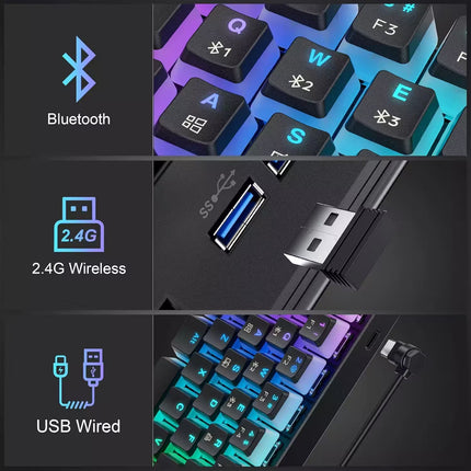 Keyboard with Bluetooth, 2.4G Wireless, and USB Wired connectivity options.