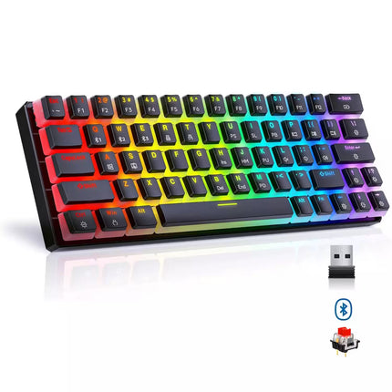RGB mechanical keyboard with wireless receiver and key switch illustration on a white background