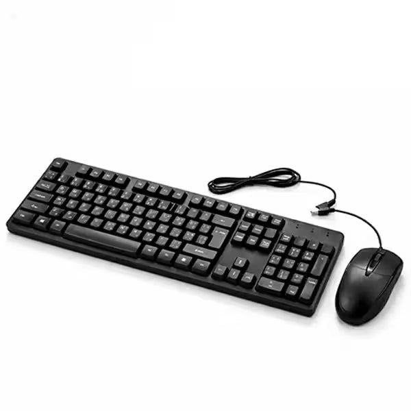Wired keyboard and mouse combo in black with full-size keyboard and USB optical mouse on white background.