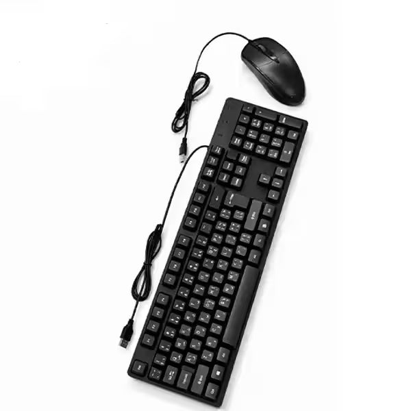 Wired keyboard and mouse combo in black with full-size keyboard and USB optical mouse on white background.