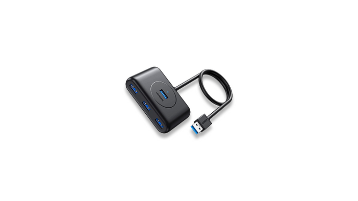 Black USB adapter with cable on a white background