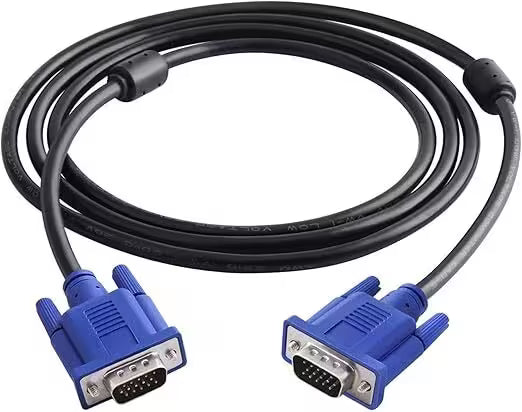 Coiled VGA cable with blue connectors on a white background