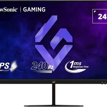 ViewSonic gaming monitor with a 24-inch screen, featuring IPS SuperClear technology, 240Hz refresh rate, and 1ms response time on a black stand.