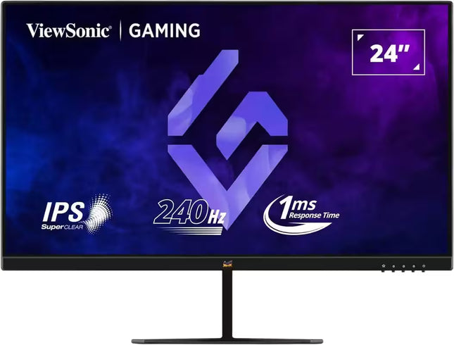 ViewSonic gaming monitor with a 24-inch screen, featuring IPS SuperClear technology, 240Hz refresh rate, and 1ms response time on a black stand.