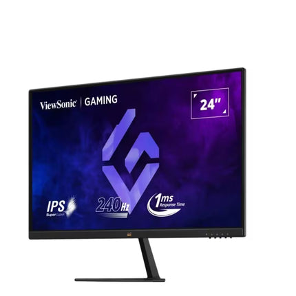 A ViewSonic gaming monitor with a black stand and bezel, displaying a purple and blue screen graphic with specifications like 24 inches, IPS, 240Hz, and 1ms.