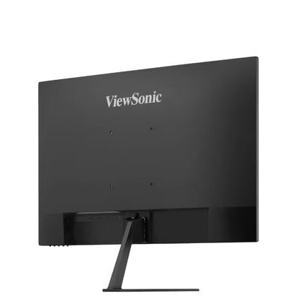 The back view of a ViewSonic desktop monitor with a black frame and stand, shown on a solid white background.